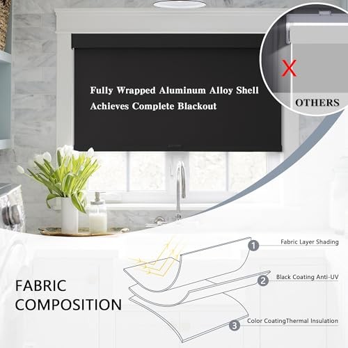 out Roller Shades Cordless Blinds for Windows, Free-Stop 20″W x 72″H Black