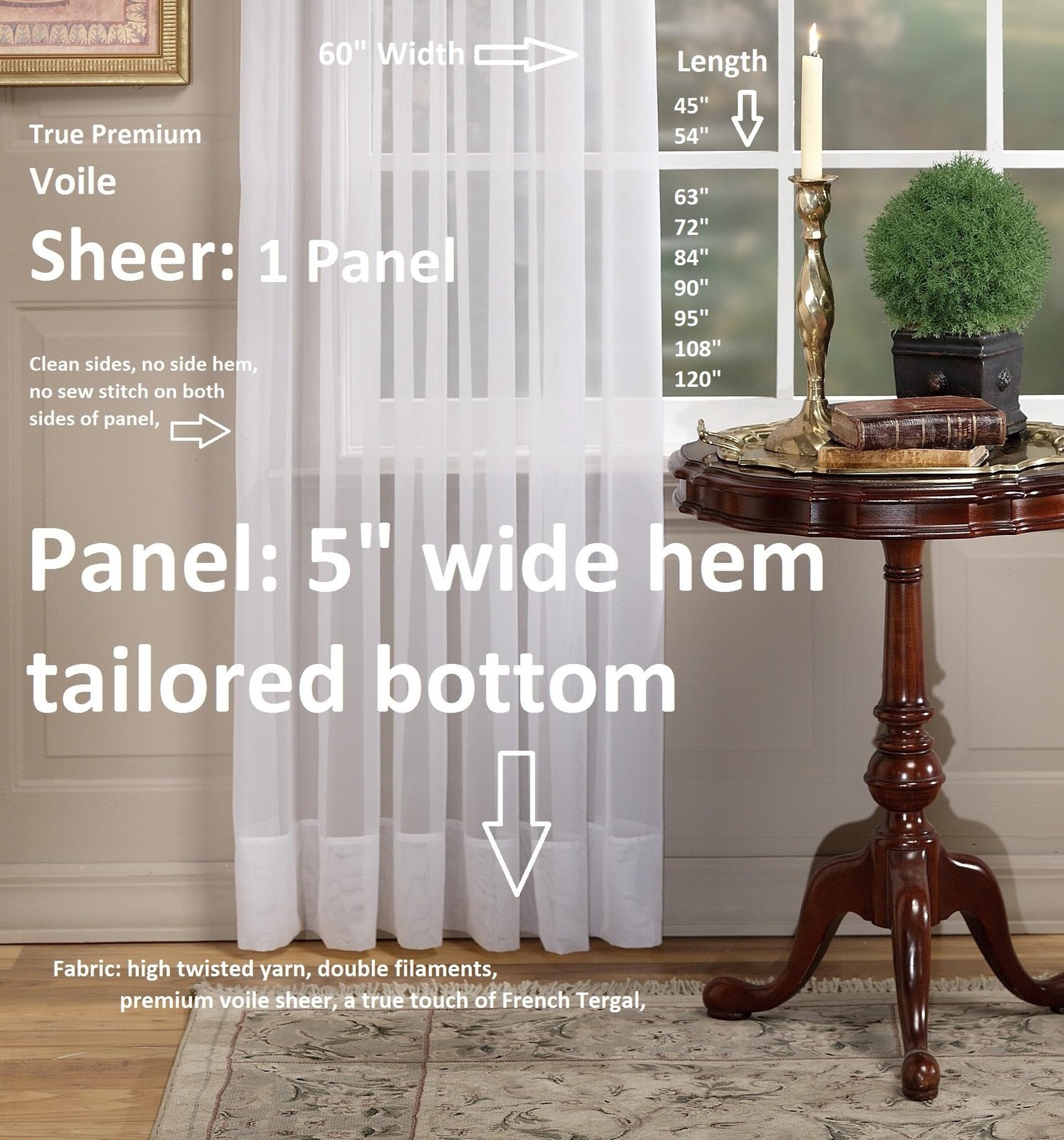 Premium Voile Sheer Kitchen Curtain 60×63 Inch 100 Polyester Easy Care