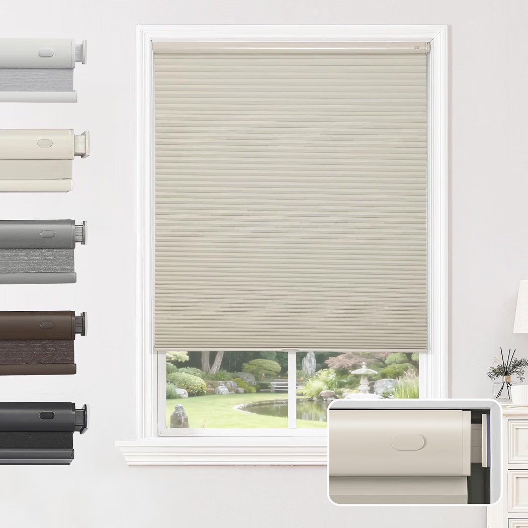 Joydeco No Tools No Drill Window Blinds for Indoor Windows (Beige, 22″W X 64″H)