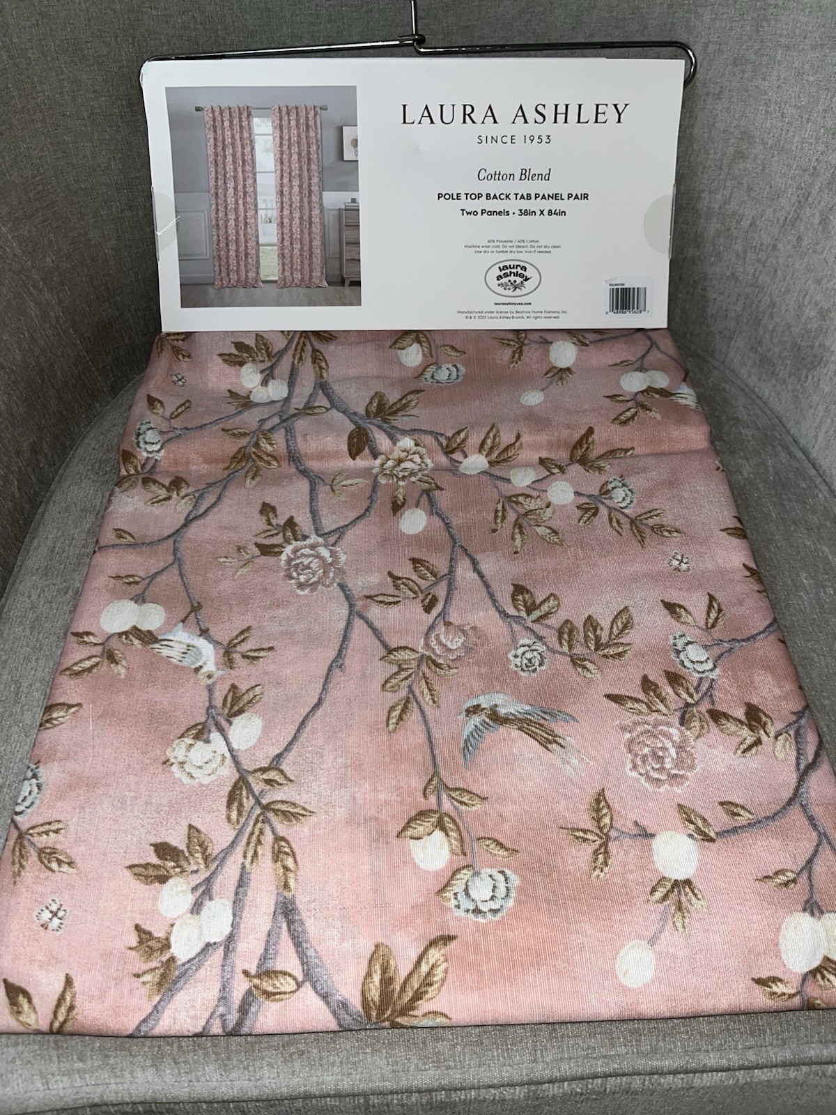 Laura Ashley Pink Chinoiserie Floral Bird Set of 2 Curtain Panels 38×84 in.