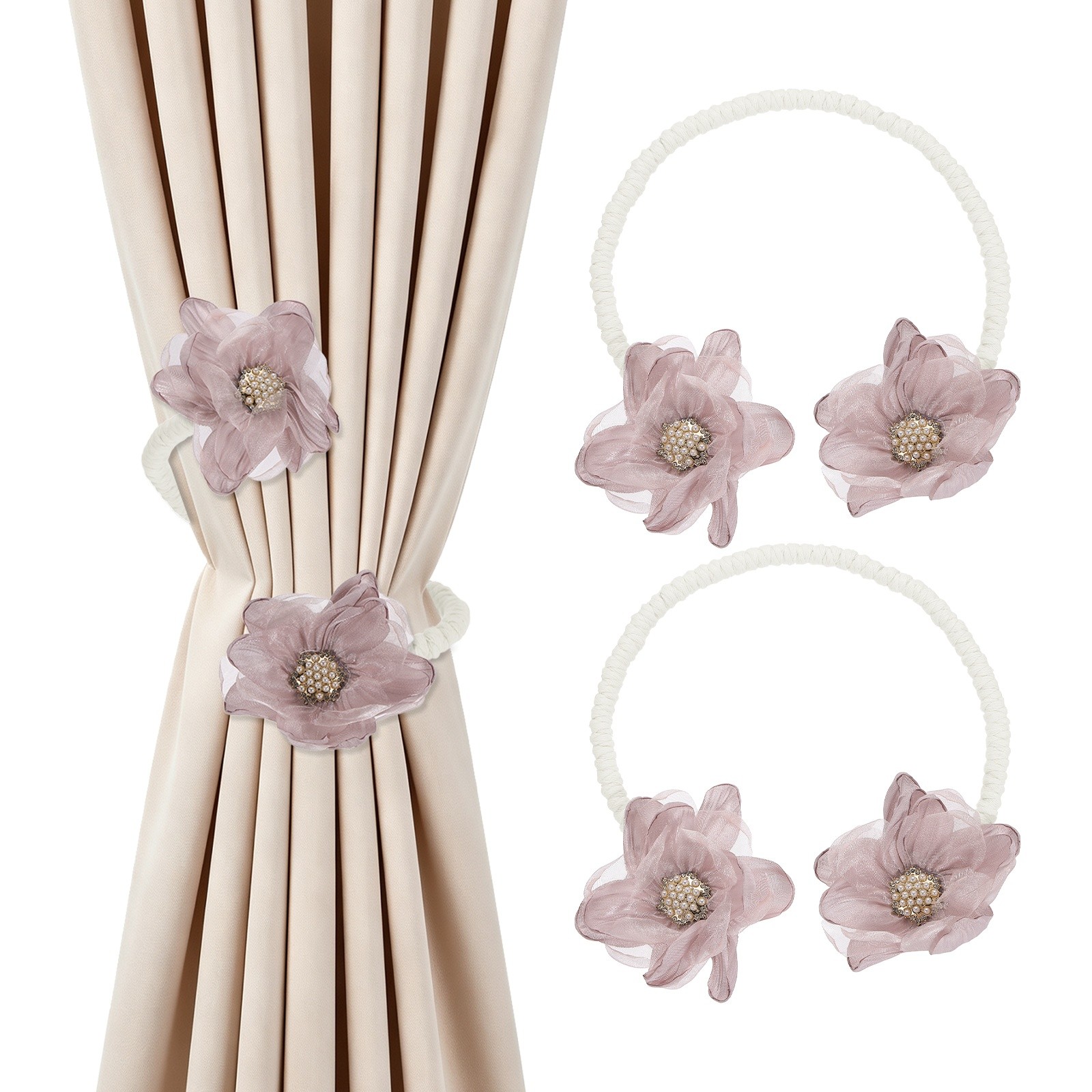 2Pcs Flower Curtain Tiebacks, 2 Flower 45cm Twist Holdbacks Clip, Pink Purple