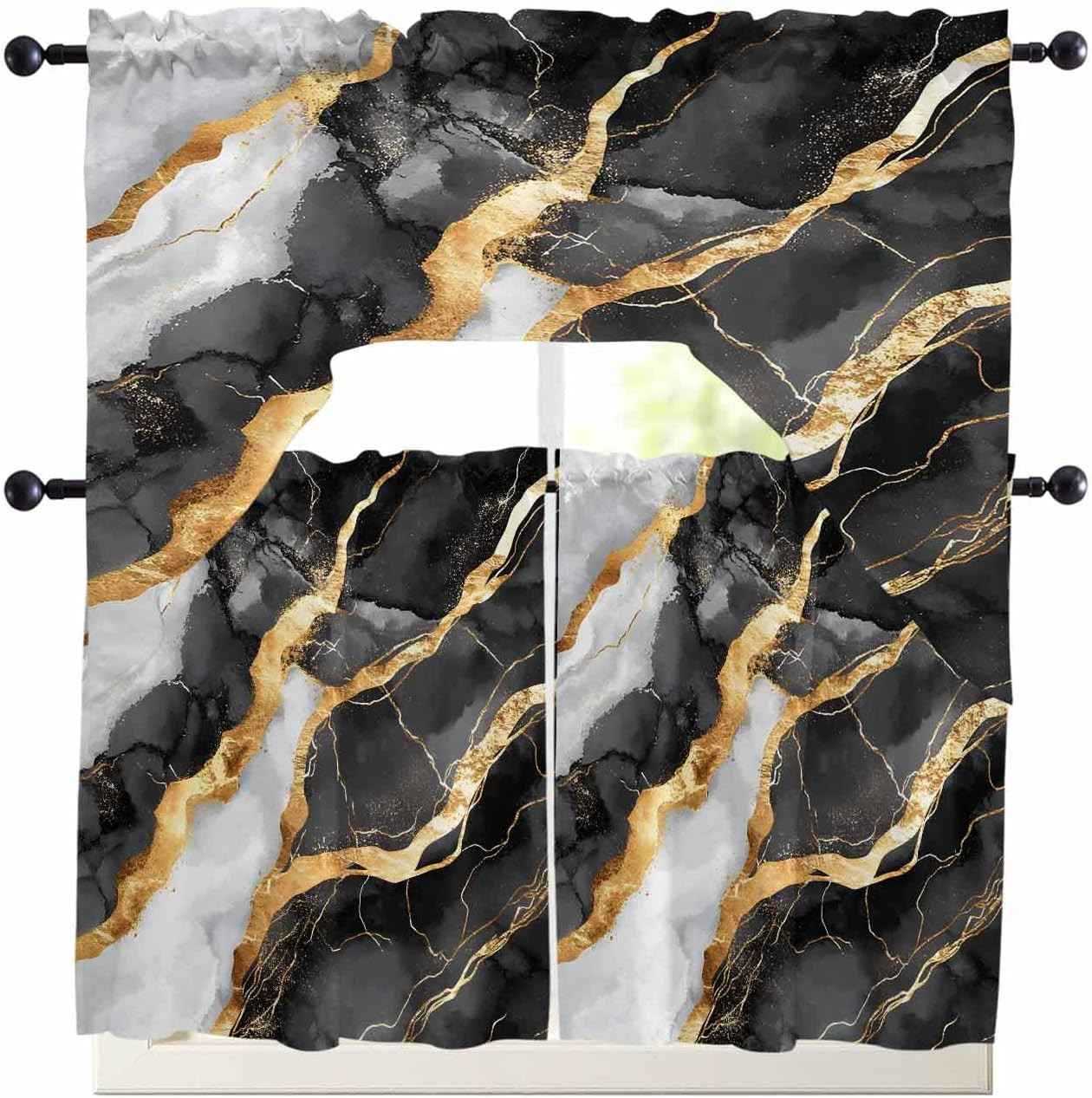 Abstract Gold Black Marble 3-Piece Rod Pocket Kitchen Curtain Swag Valance & Tie