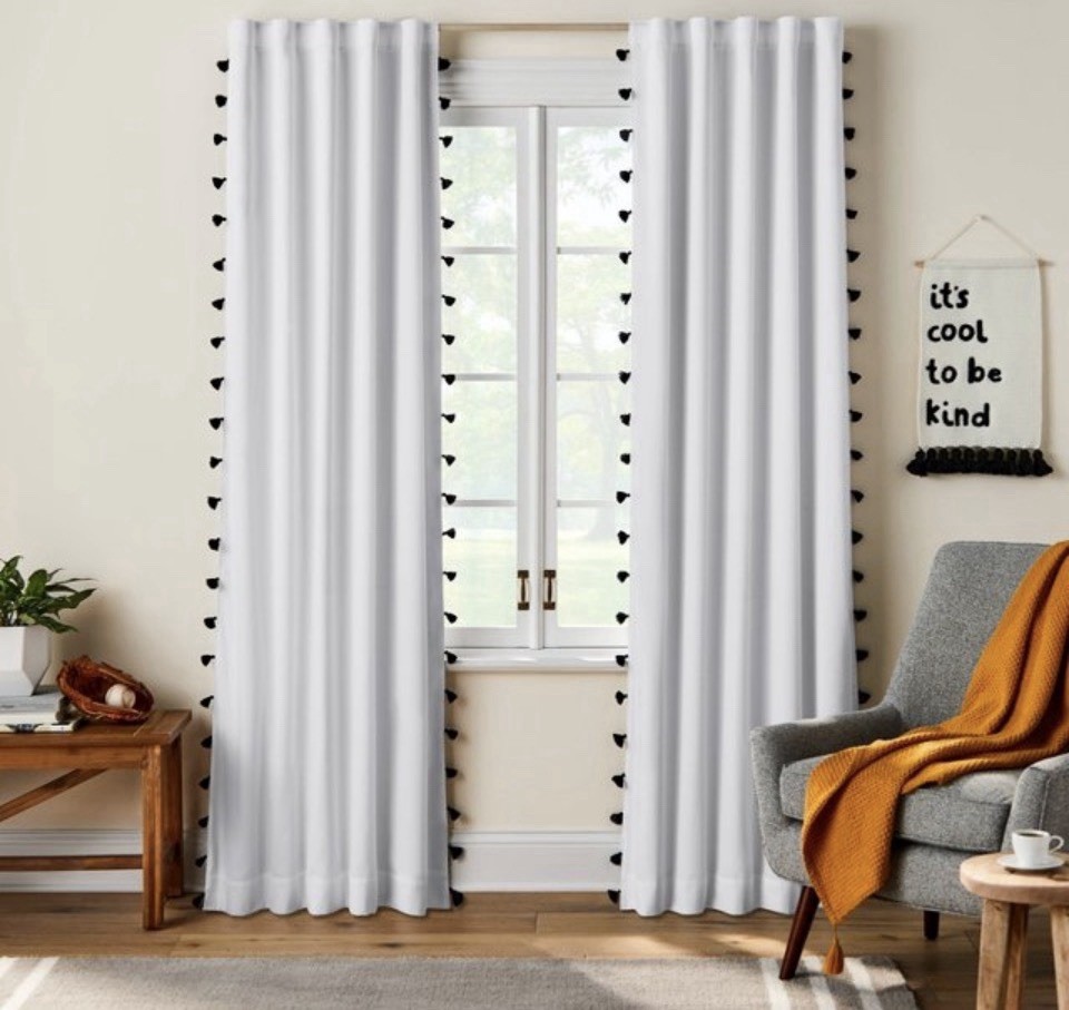 2 X 95″ Blackout Tassel Kids’ Curtain Panel White/Black – Pillowfort – 1 Pair!!