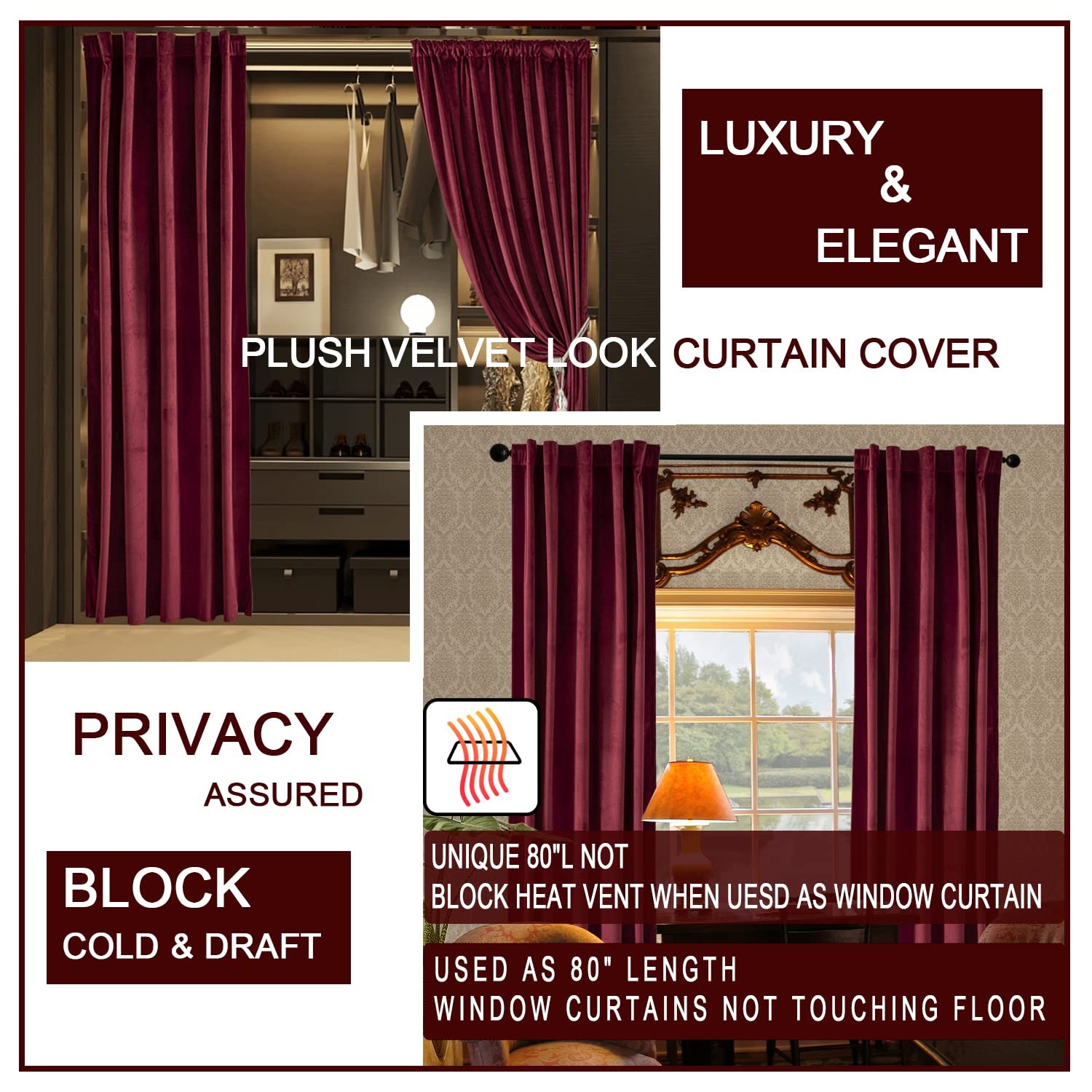 Burgundy Curtains for Bedroom,Blackout Velvet Victorian Room Darkening Insula…