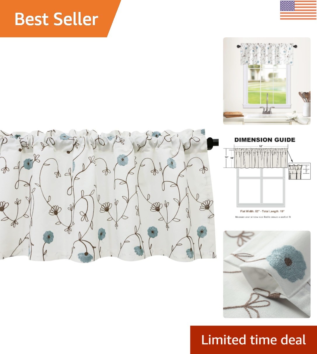 Light-Filtering Blue Floral Valance for Living Room or Kitchen, 52×18 Inches