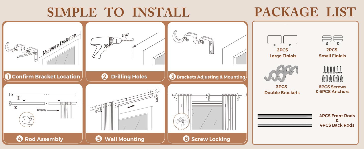 1 Inch Double Curtain Rods 66 to 120 Inches (5.5-10 Feet), Heavy Duty Adjustable