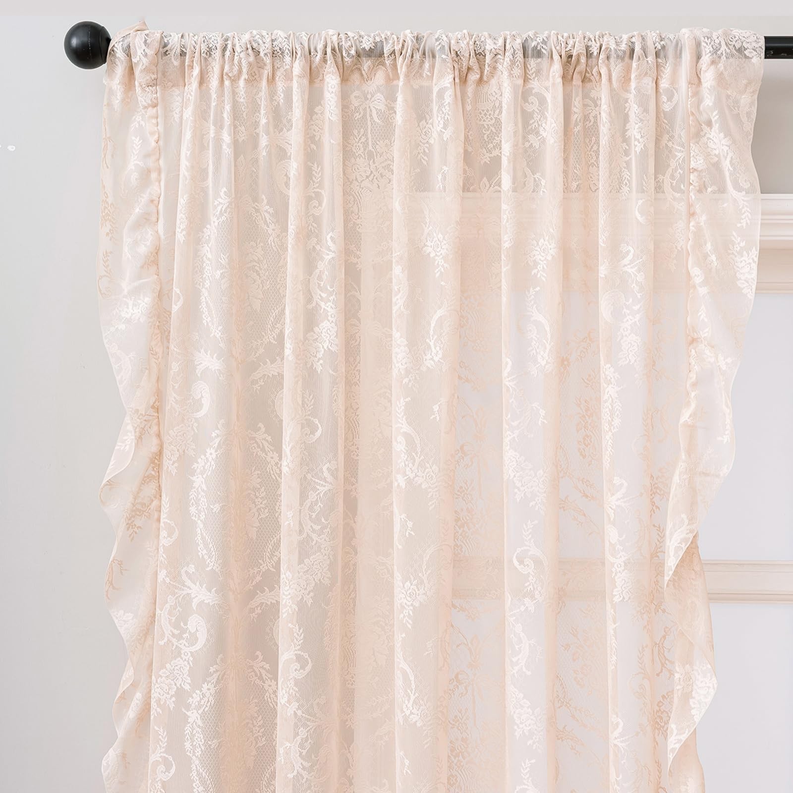 French Ruffle Lace Curtain, Cream Beige Floral Crochet Sheer Panel, 55×84 Inc…
