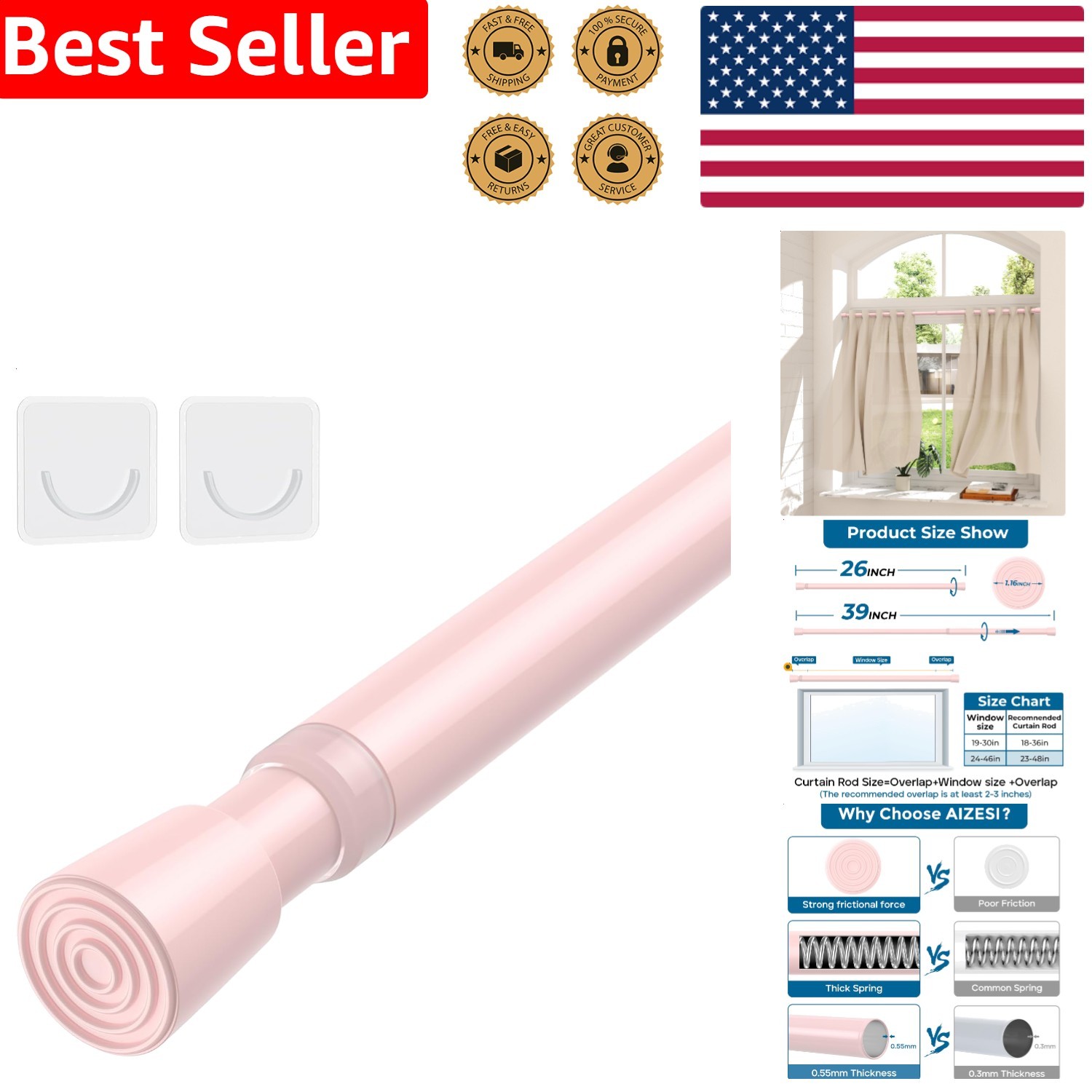 Pink Adjustable Tension Curtain Rod 26-39 Inch No Drill Spring Loaded