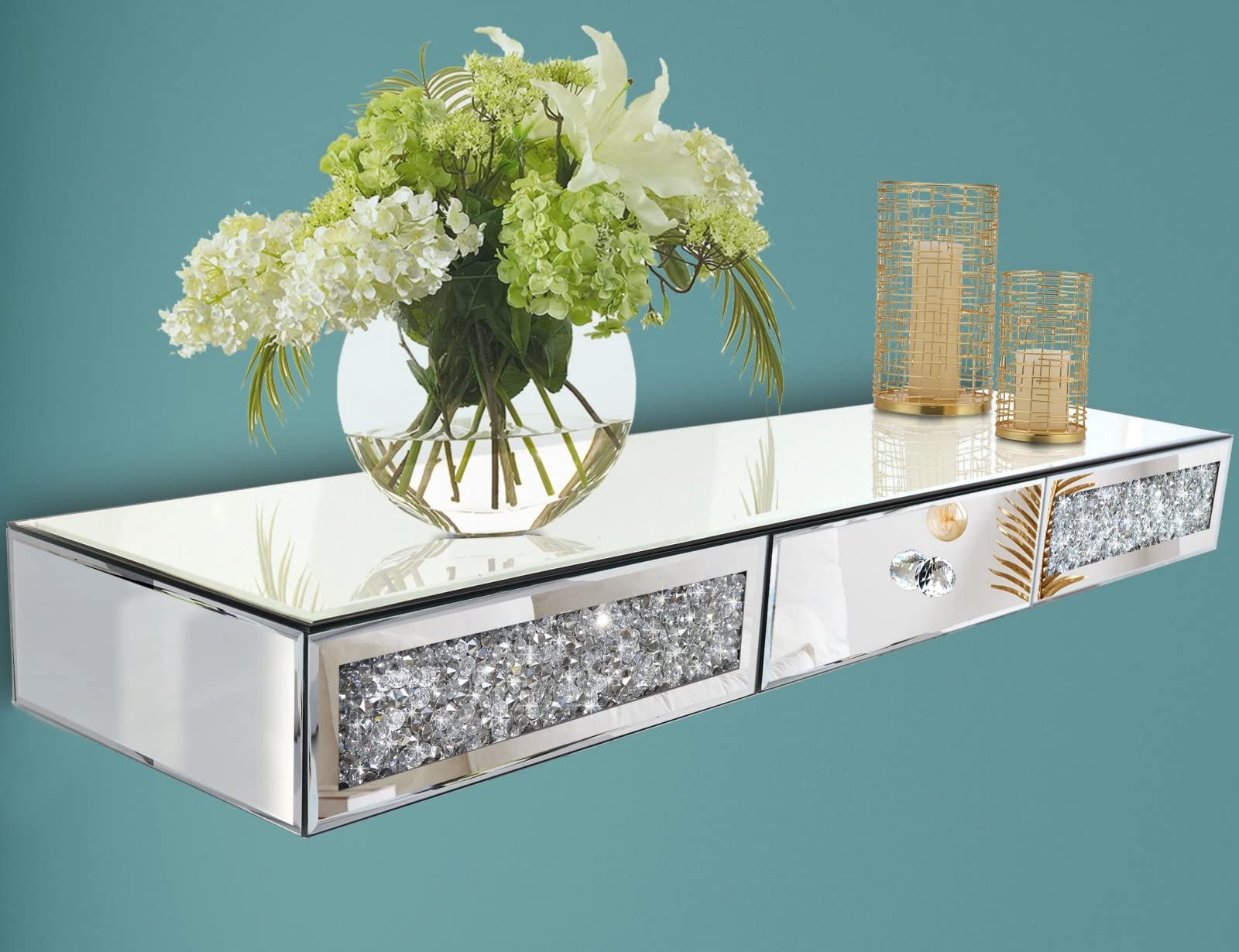 ST3000 Crystal Diamond Mirrored Wall Shelf with Drawer-31.5″ Silver Mirror Cr…