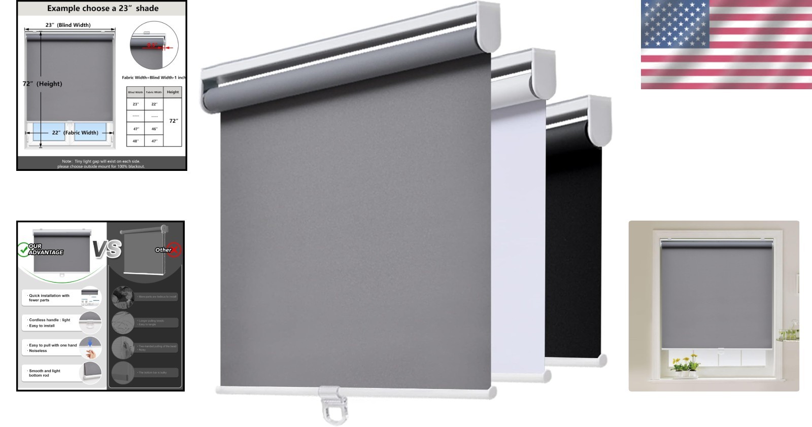 Cordless Blackout Roller Shades Window Coverings UV Block Room Darkening