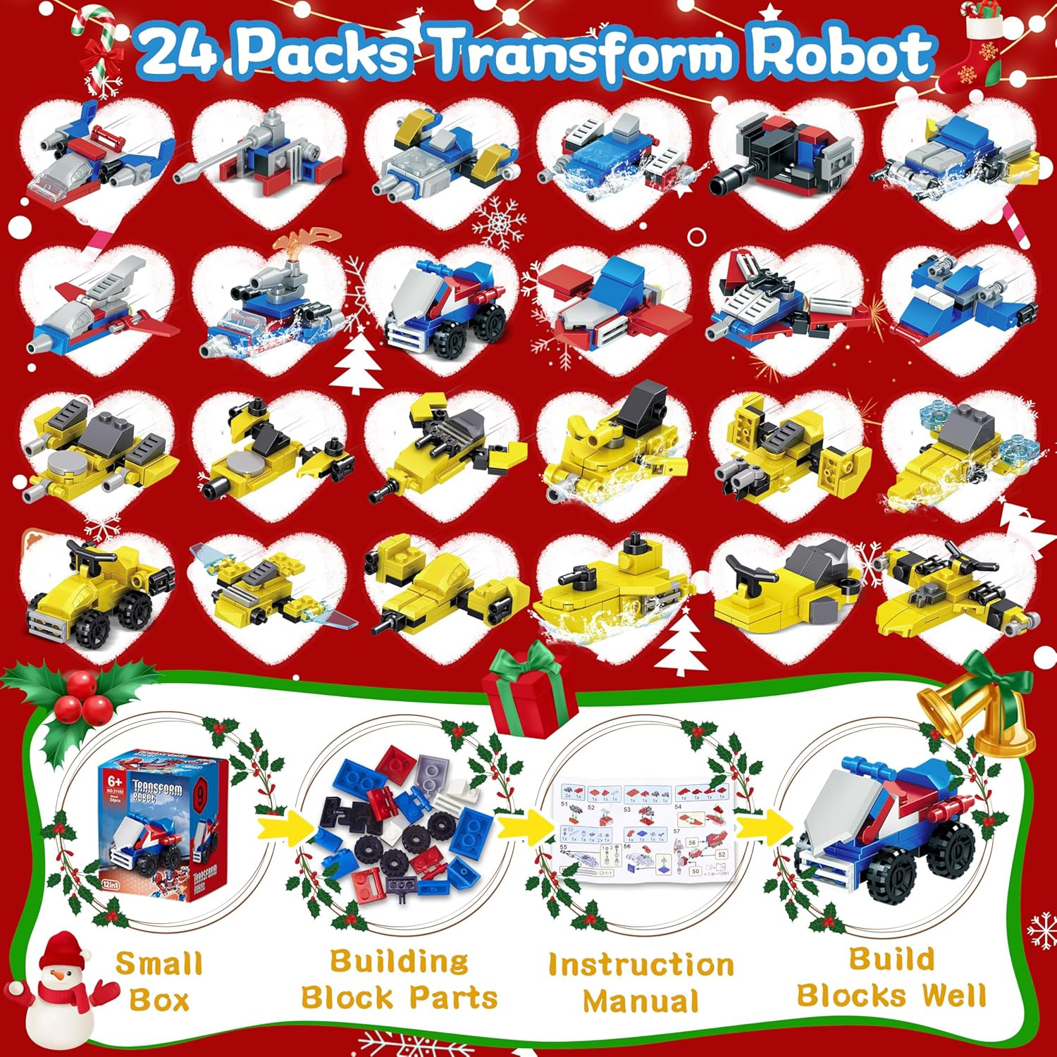 Advent Calendar 2025-24 Packs Transform Robot Building Blocks, 12-in-1 Party Fav