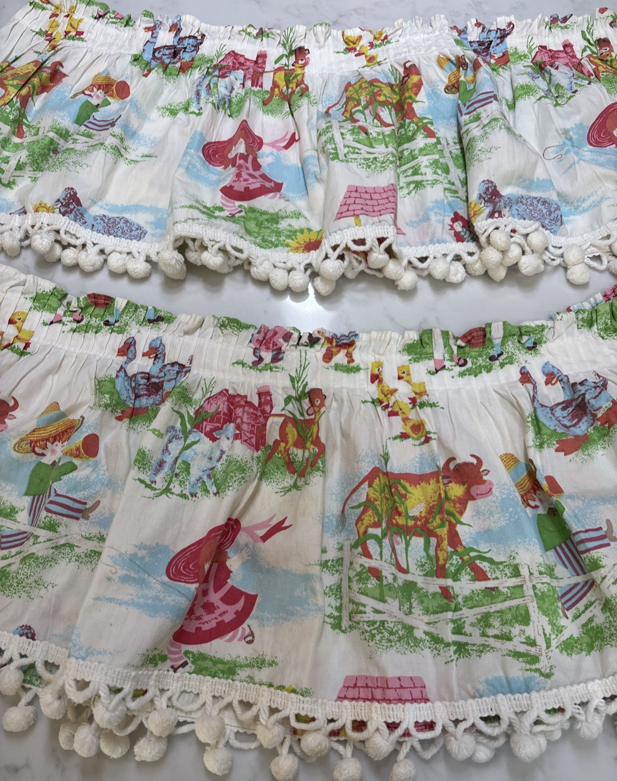 Vtg Kids Novelty Storybook Valance Lot 2 Handmade Rod Pocket Pom Pom Trim Retro