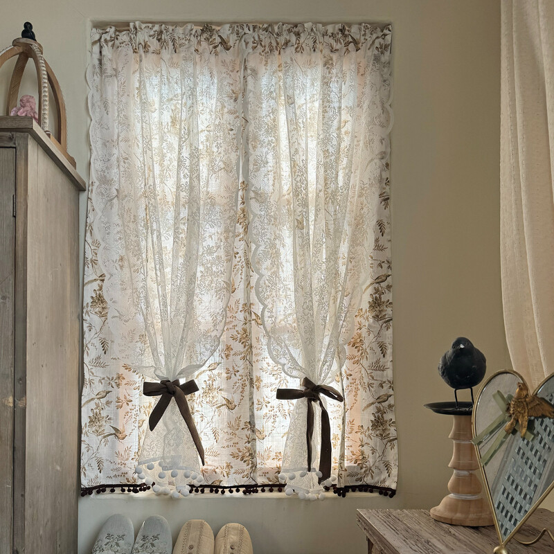 Double Layers Lace Printed Door Curtain Breathable Retro Window Drape Modern New