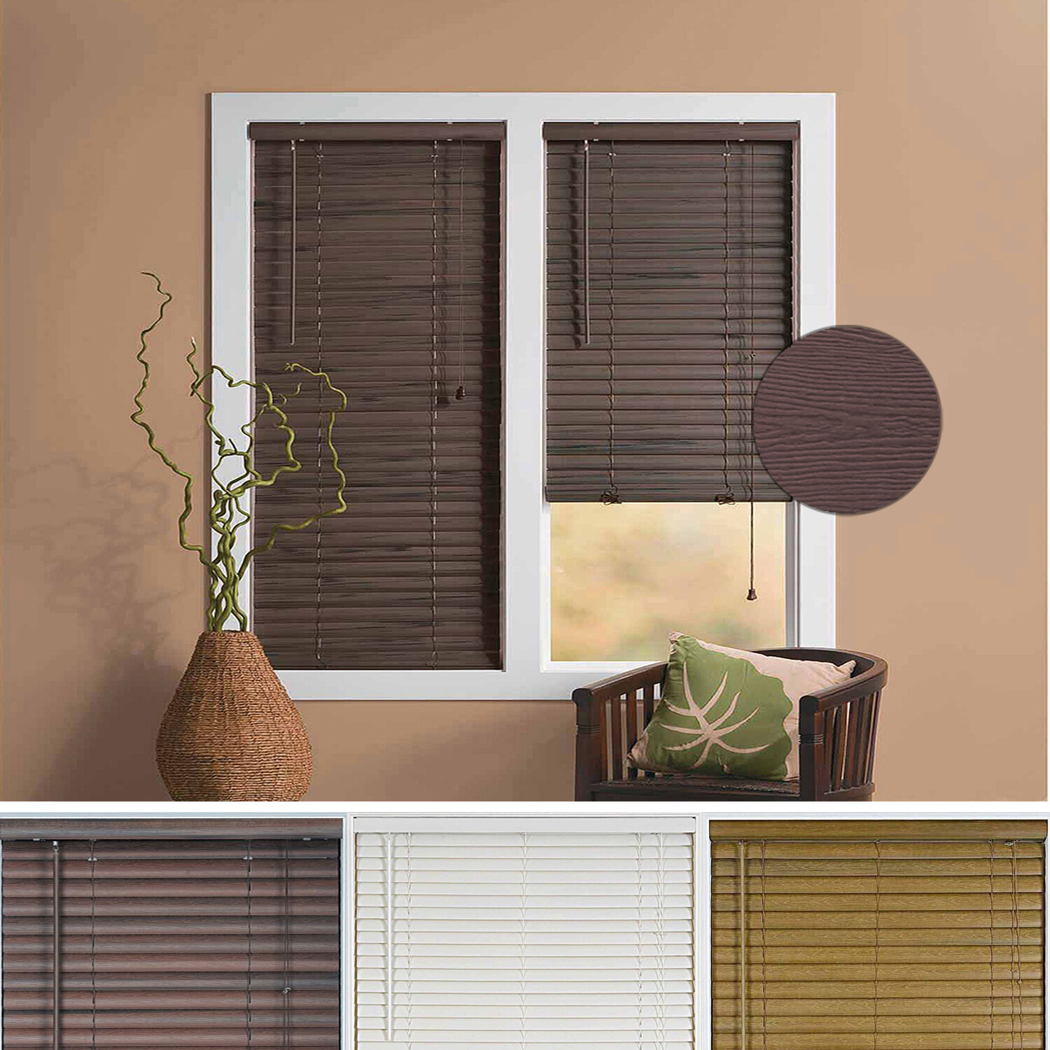 Window Blind 2″ Slats Mini Blinds Vinyl Embossed Woodgrain Mahogany Woodtone