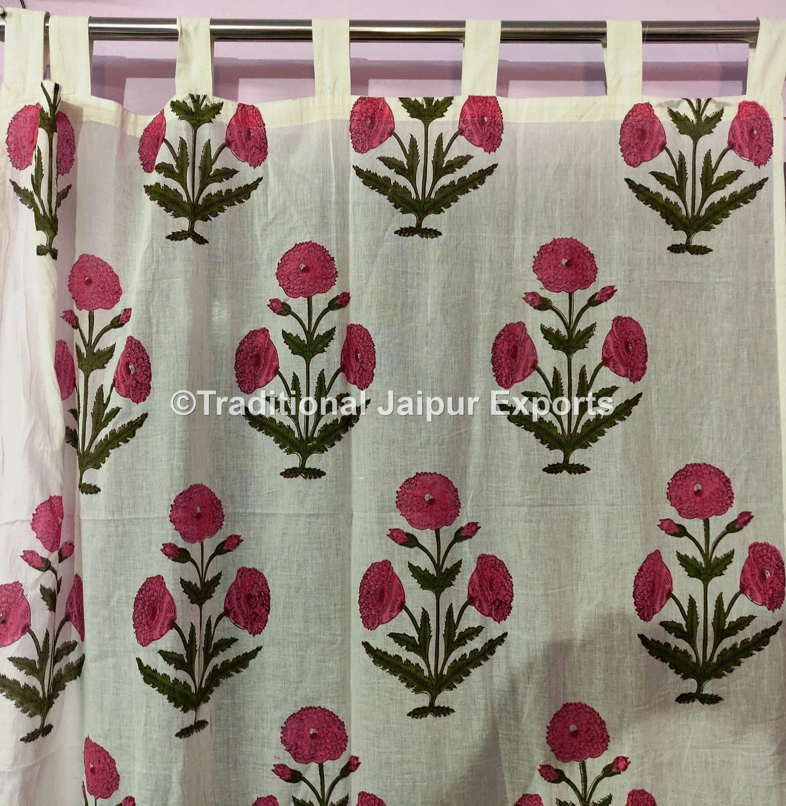 Block Print Floral Fabric Curtain, Boho Window Treatment Set, Door Hanging Dr…