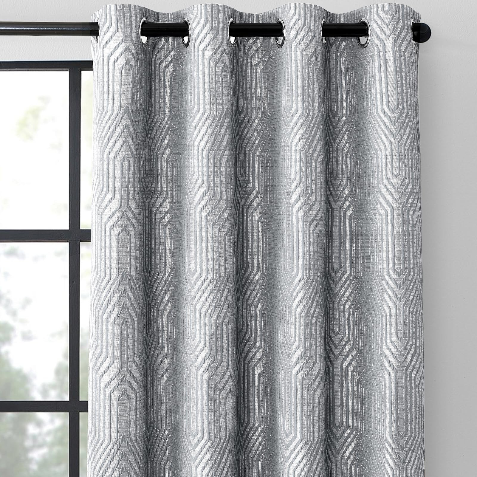 Drapexpert Grey And Silvery 100 Blackout – Set Of 2 Jacquard Geometric