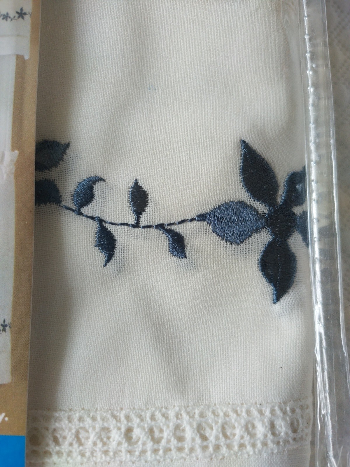 EssentialHome Valance &Tier Pair Lace Set Embroidered Floral Country Blue Ivory