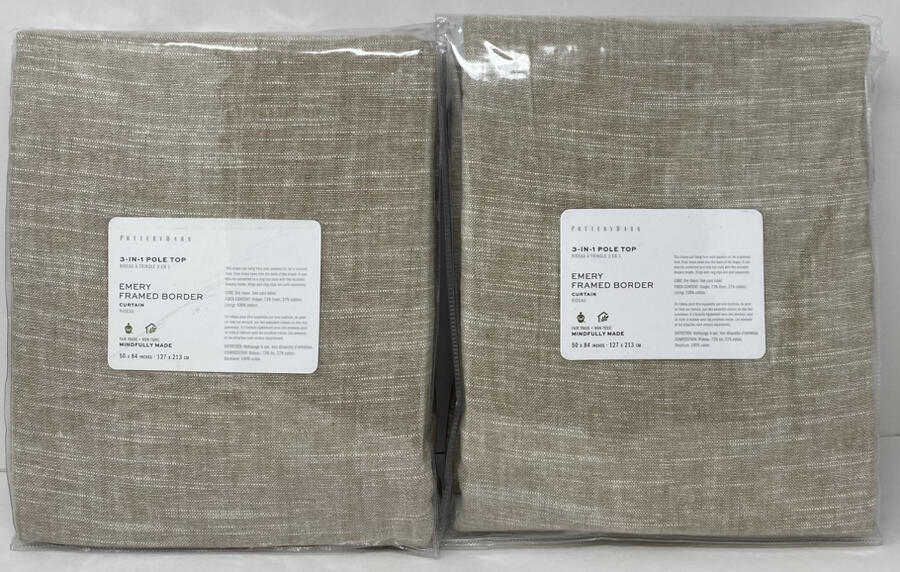Pottery Barn Emery Linen Framed Bordered Poletop Drape (2) 50 x 84 Oatmeal Ivory