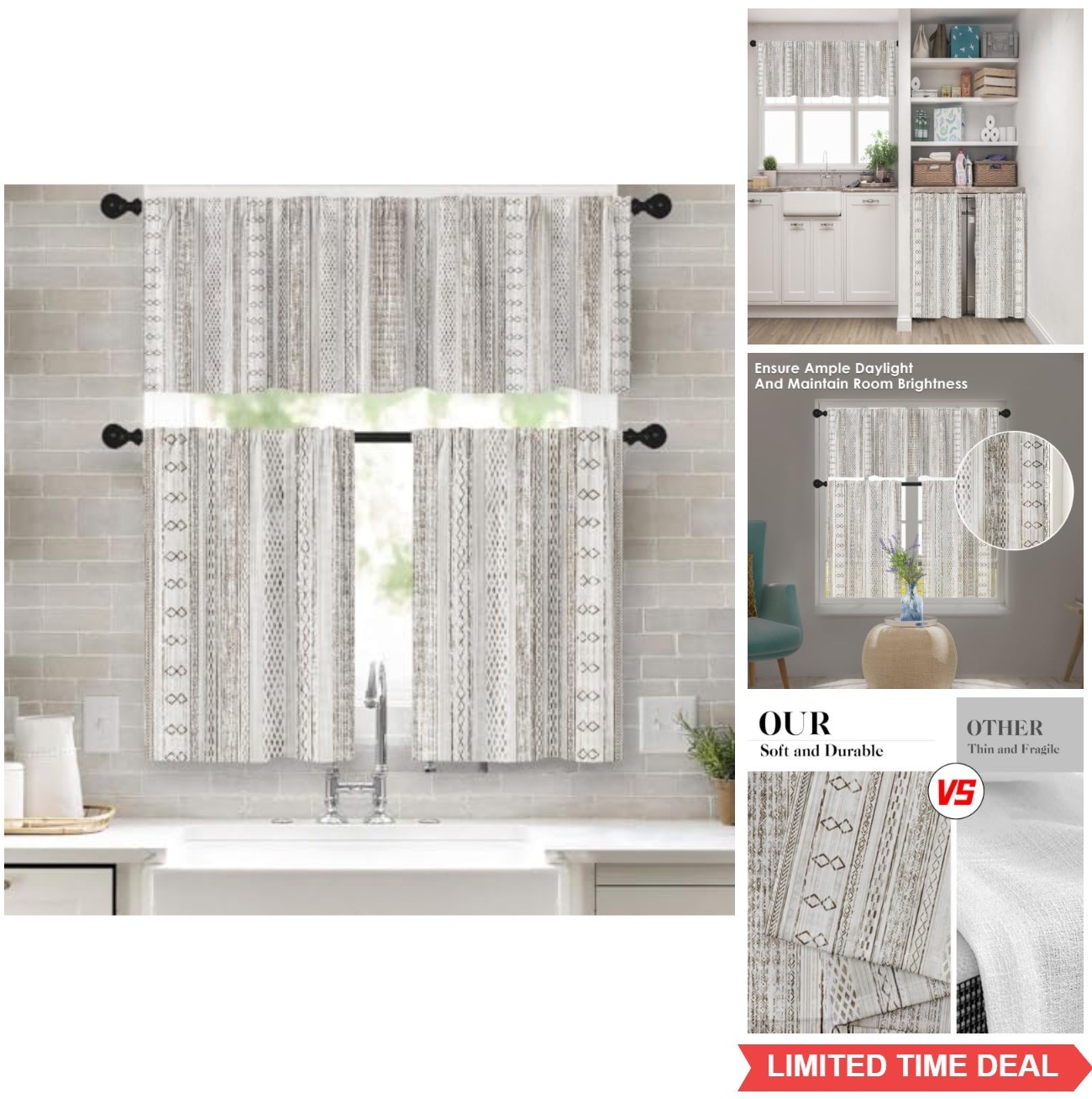 Boho Aztec Geometric Striped Beige Curtain Valance Tier Set 36 Inch 3 Piece