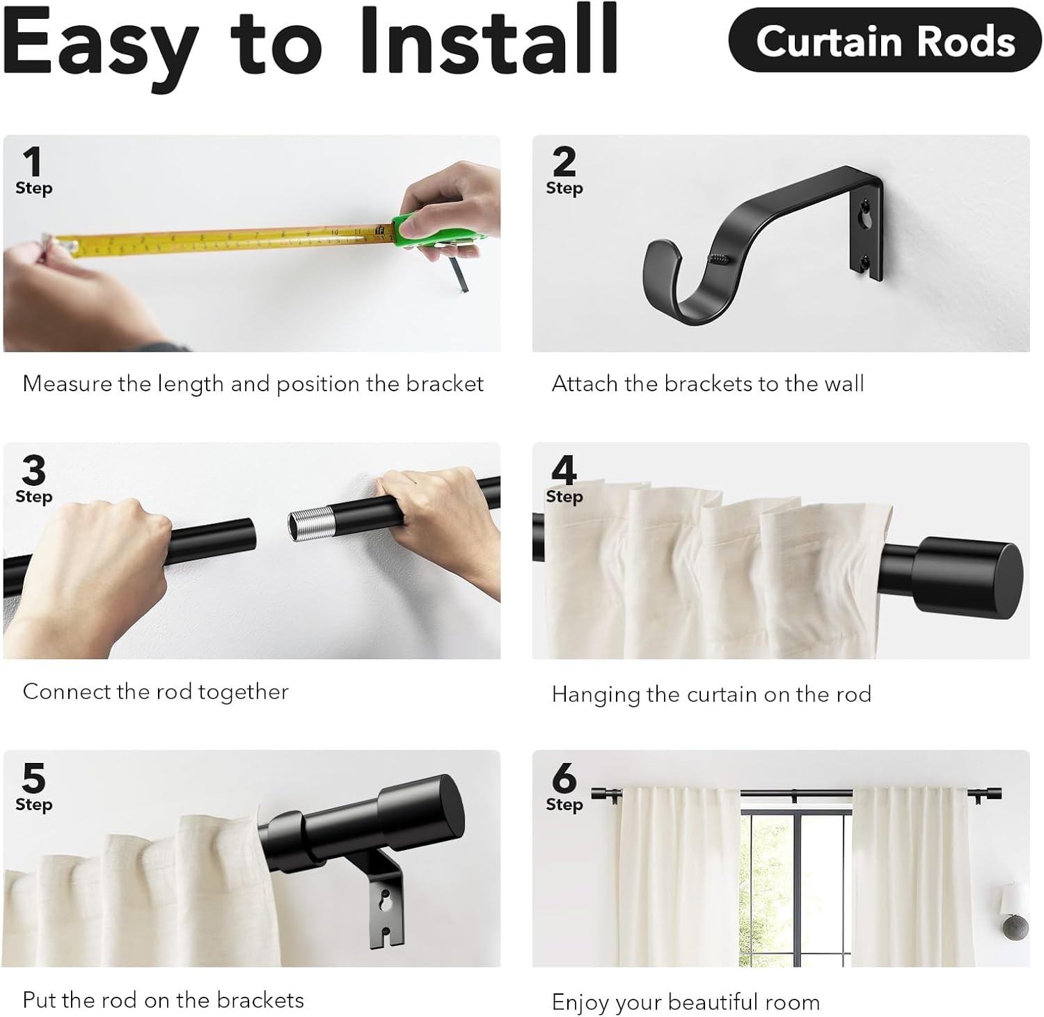 2 Pack Heavy Duty Curtain Rods for Windows 48 30"-90"|2pack, Black