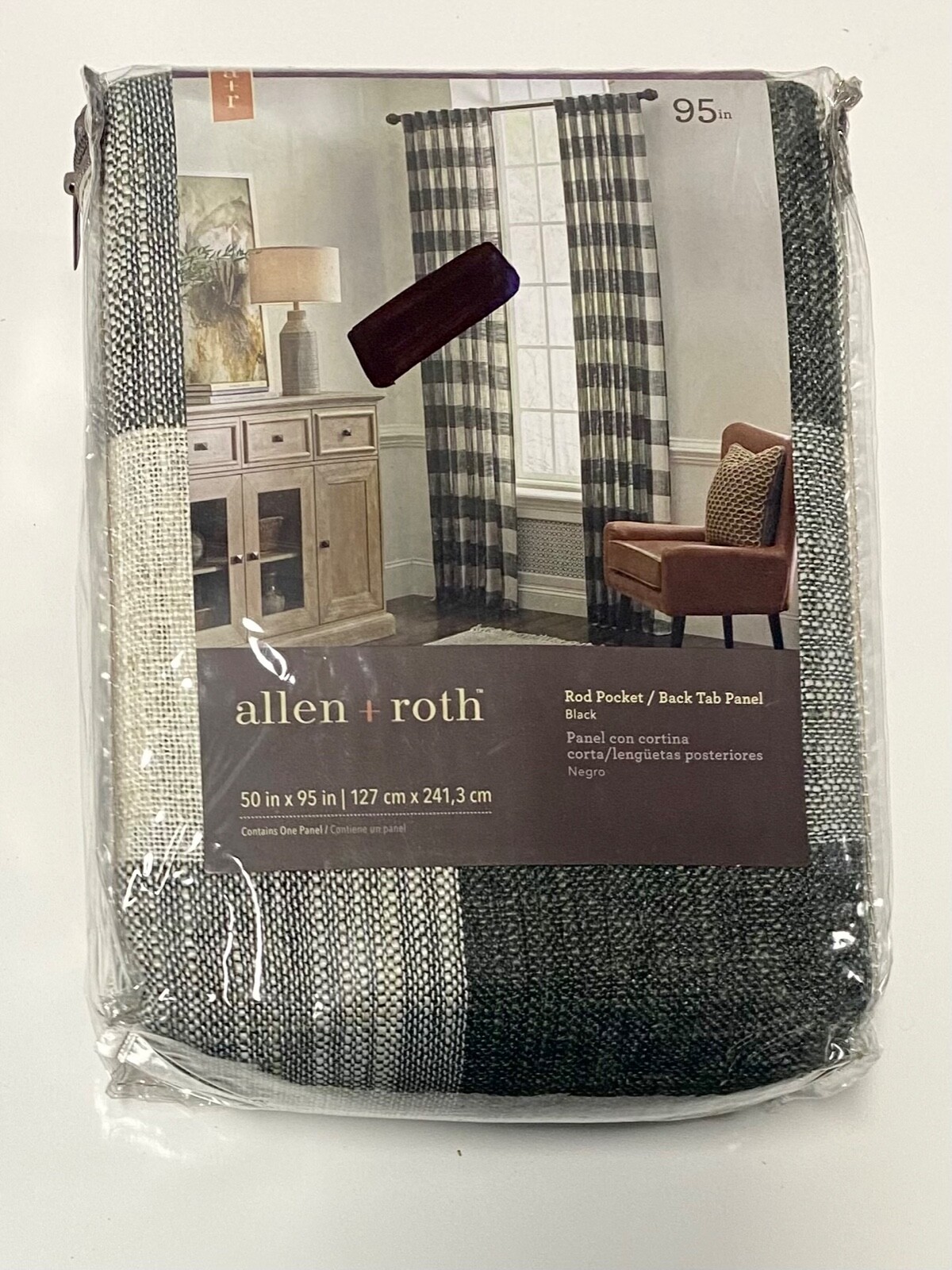 (ONE PANEL) 3728120 ALLEN + ROTH 50″ X 95″ BLACK & WHITE HESS ROD POCKET CURTAIN