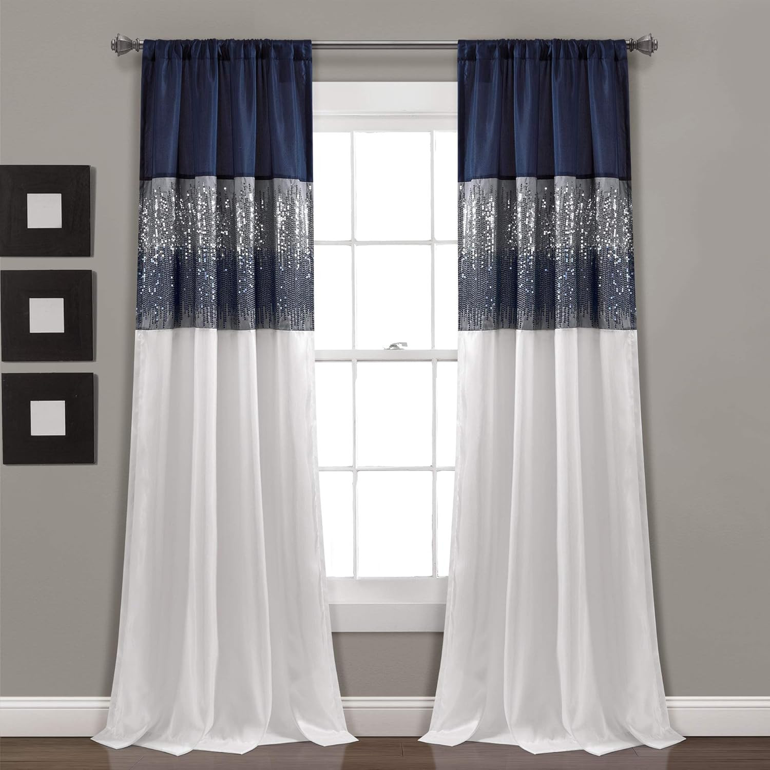 Navy & White Sequin Night Sky Curtain Panel, 42″ W x 95″ L – Glam Decor