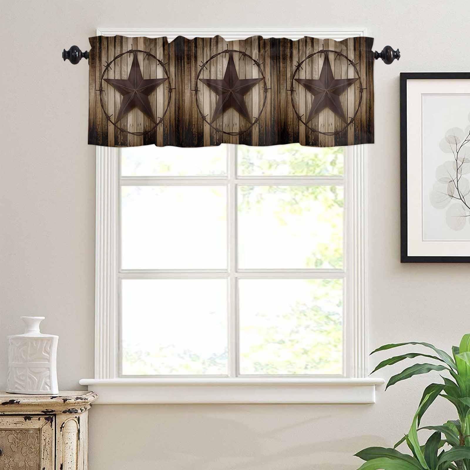 Western Kitchen Curtains and Country Valance Set, Texas Star Rustic Wooden Bo…