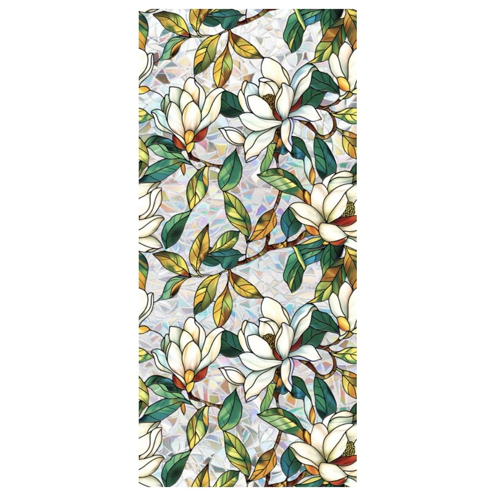 Stained Glass Window Privacy Film – Floral Static Cling Decor, 16.93×39.37″