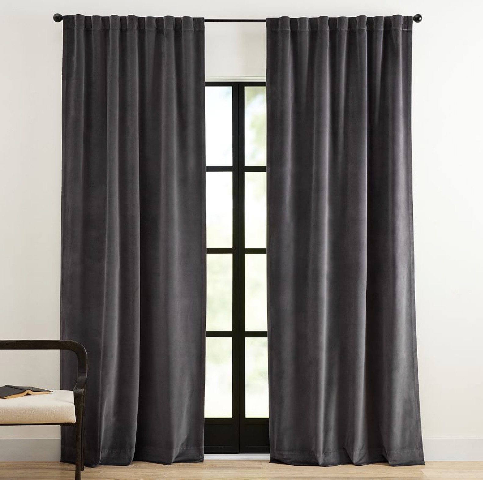 NEW $338 SET 2 Pottery Barn VELVET TWILL BLACKOUT CURTAINS 50 x 96 WASHED BLACK