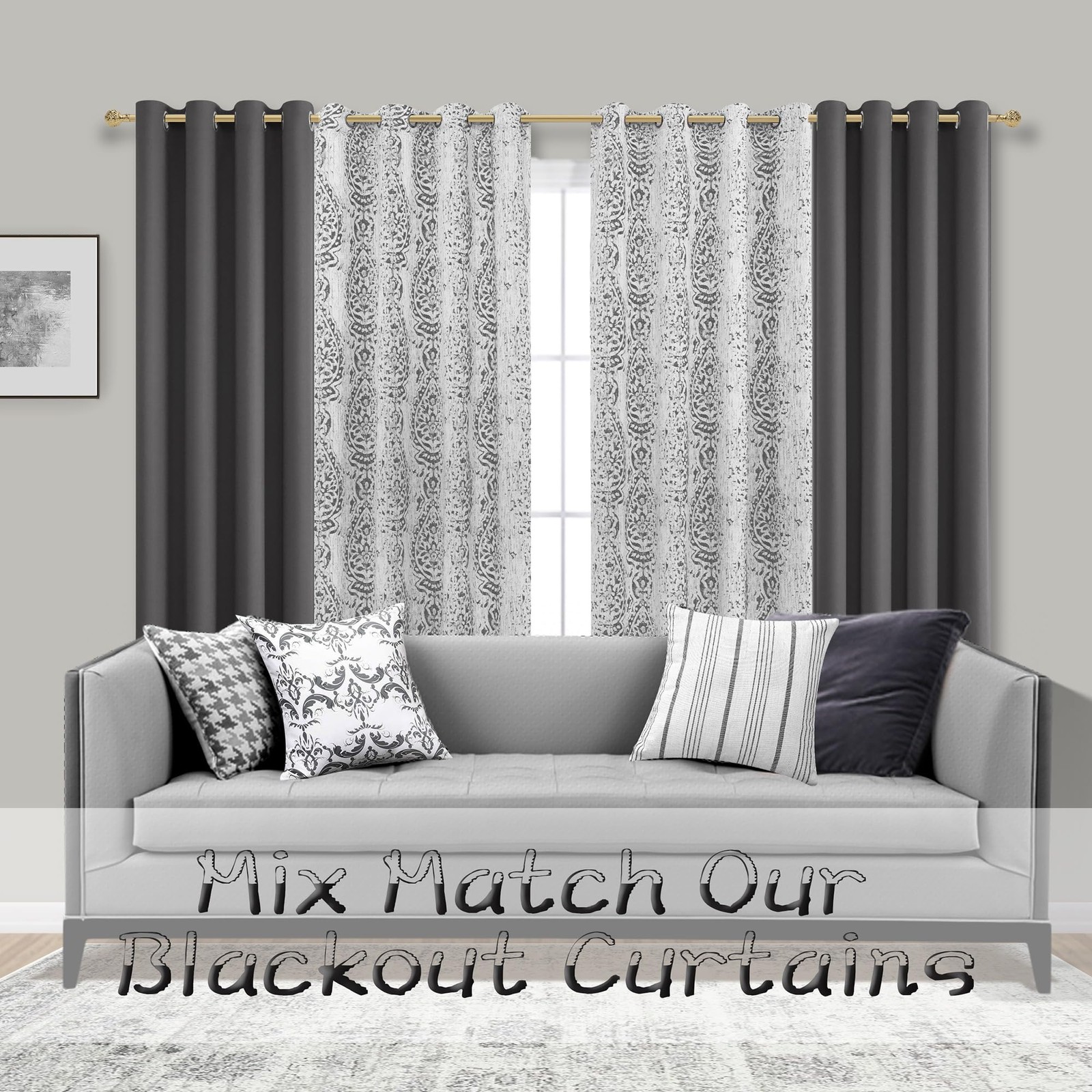 Mrs.Naturall Grey Damask Pattern Curtains 52×45″ Living Room Light Blocking
