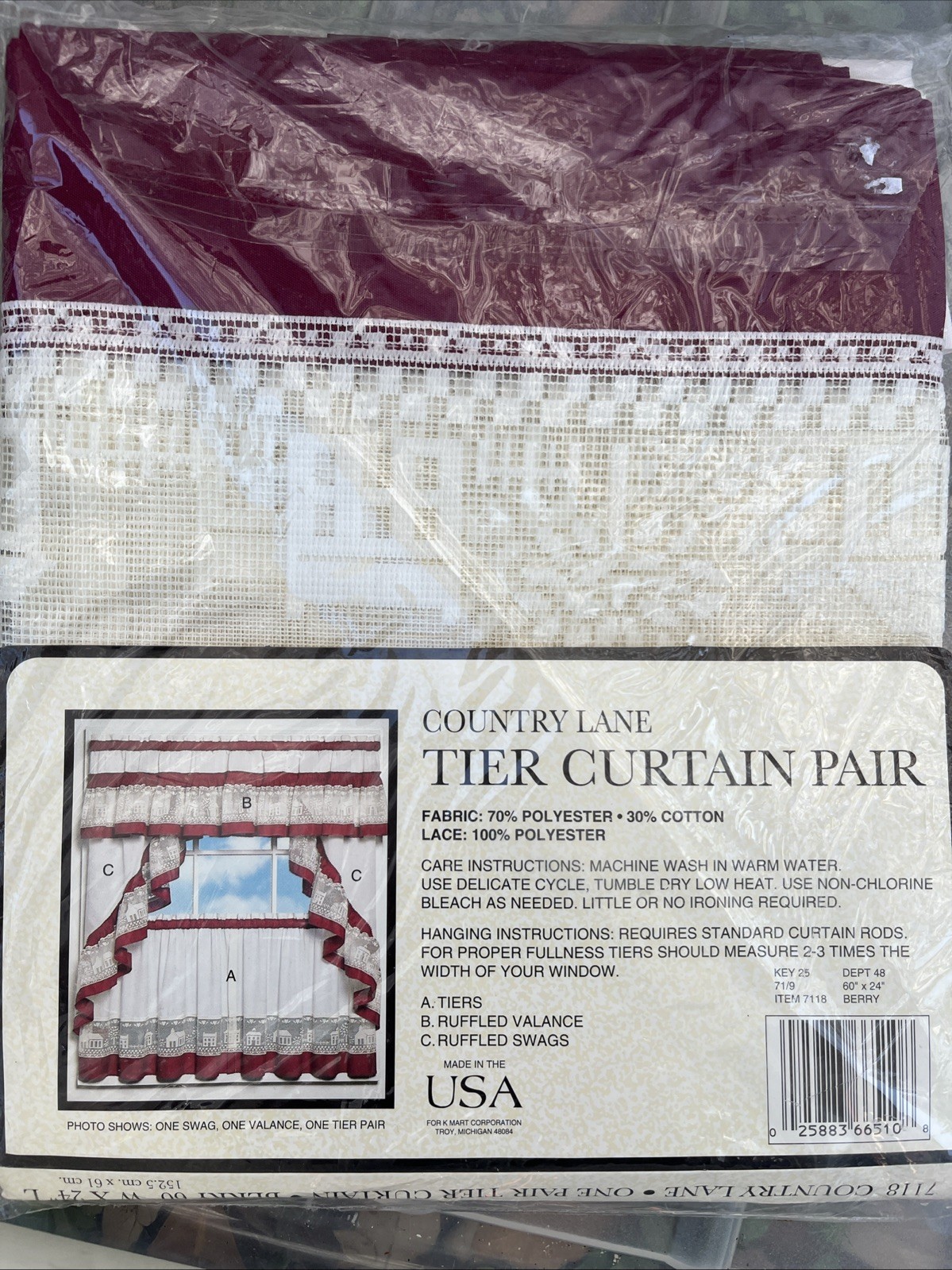 VTG90s Country Lane Tailored Tier Curtain 60×24 BERRY White Lace Cottagecore