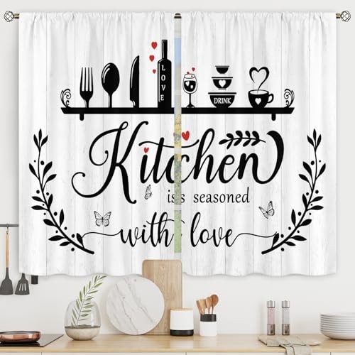 Black White Rustic Kitchen Curtains Short Small Fork Spoon 27.5Wx39H A-white