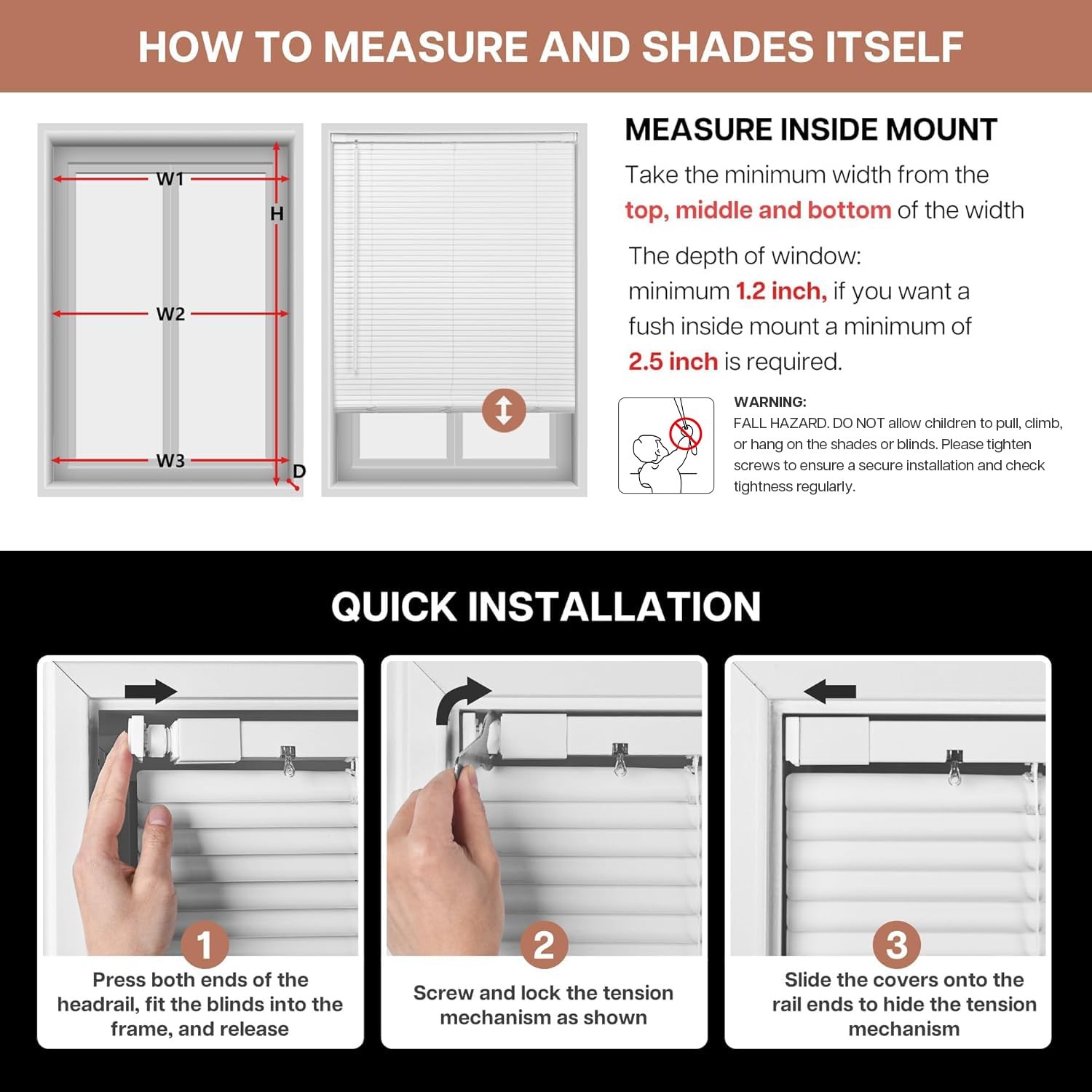 LazBlinds Cordless 1″ Vinyl Mini Blinds 34×48 White – No Tools, No Drill