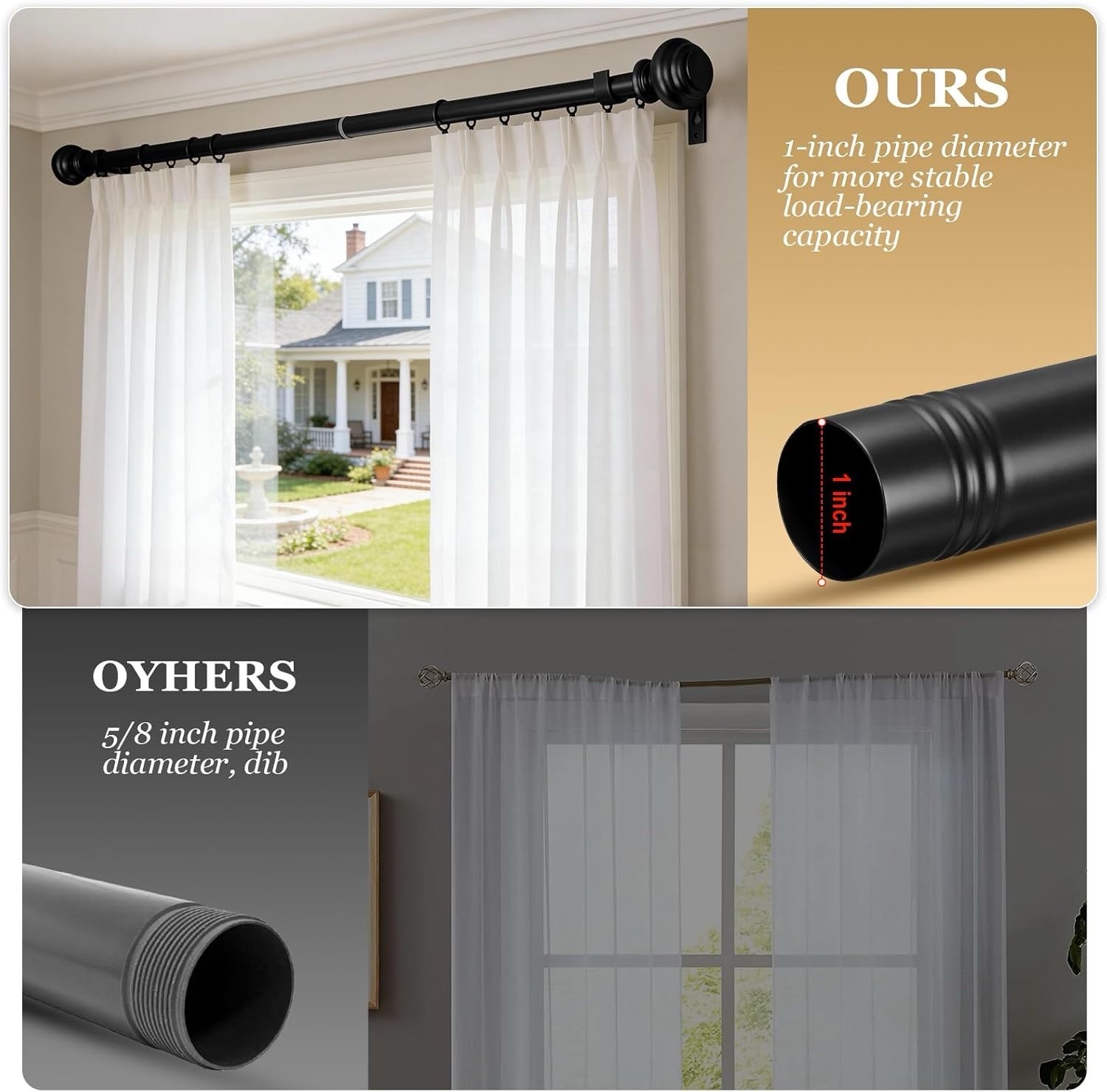 1 Inch Black Curtain Rods Heavy Duty 48 To 84 Inch Standard Decorative Set