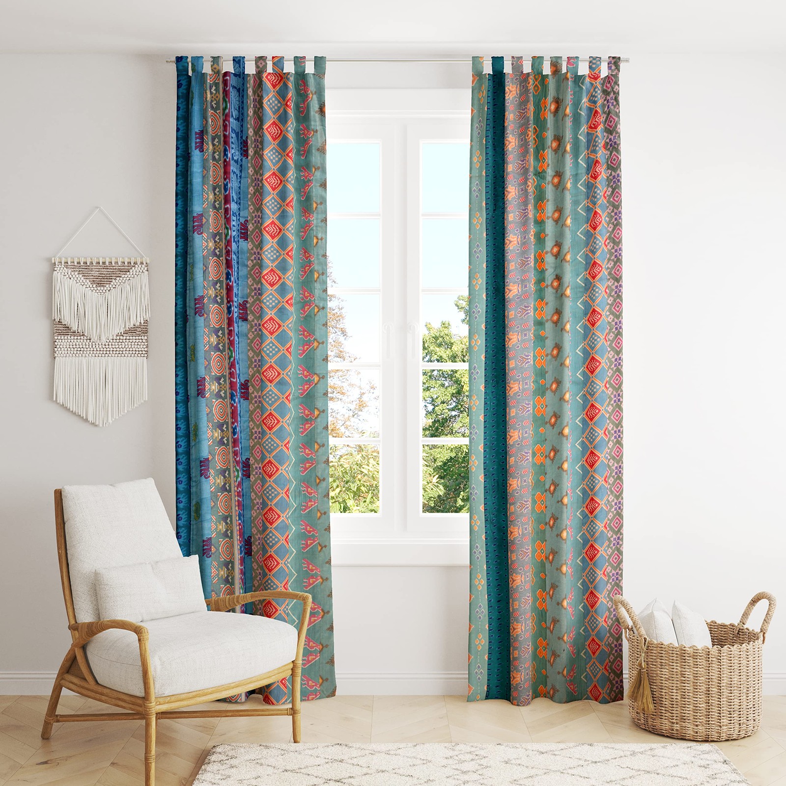 Turquoise Silk Sari Curtains – Boho Patchwork Window Panels, Indian Recycled …