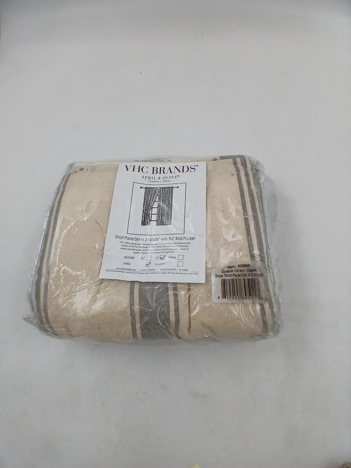 VHC Brands Grace Grain Sack Curtain Panel Set 2 Unlined 63×36 Stripe Farmhouse