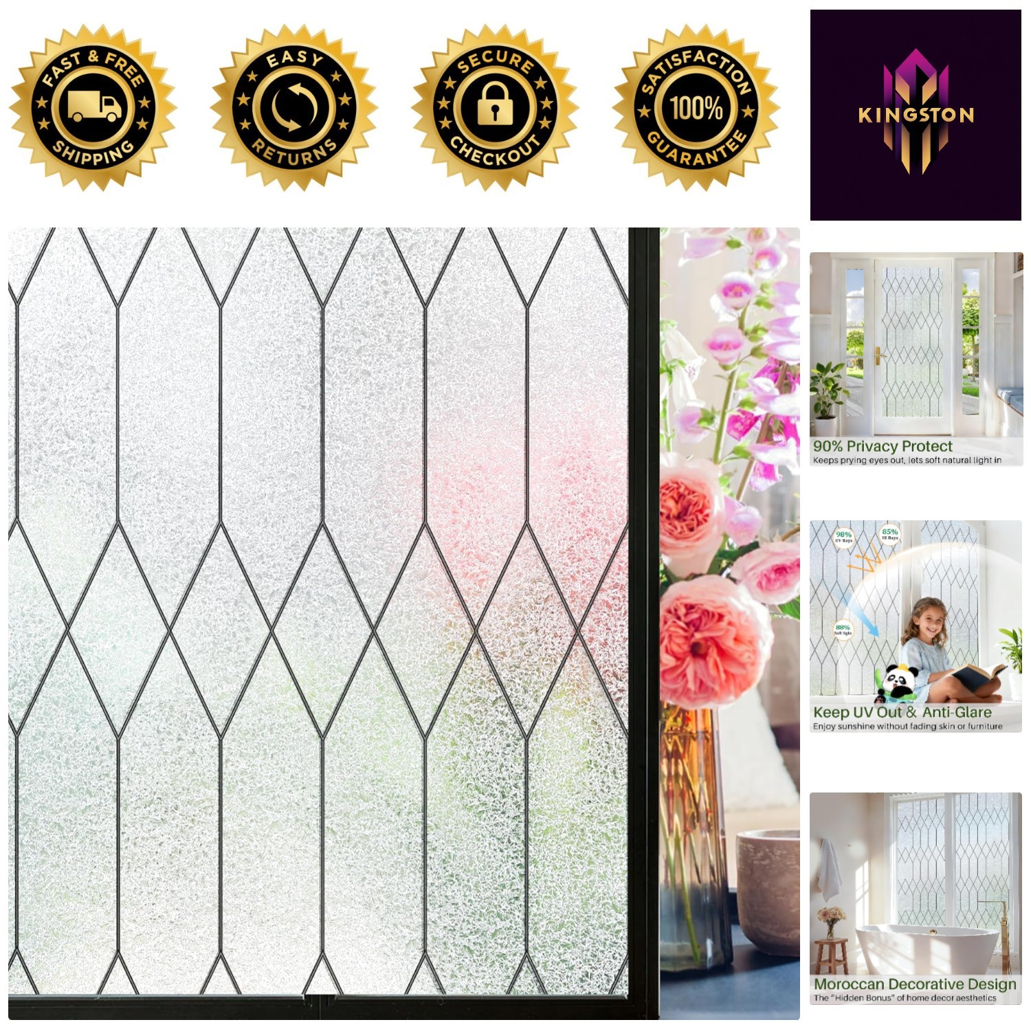 Moroccan Line Window Privacy Film – Stained Glass Decorative Cling 17.5×78.8in