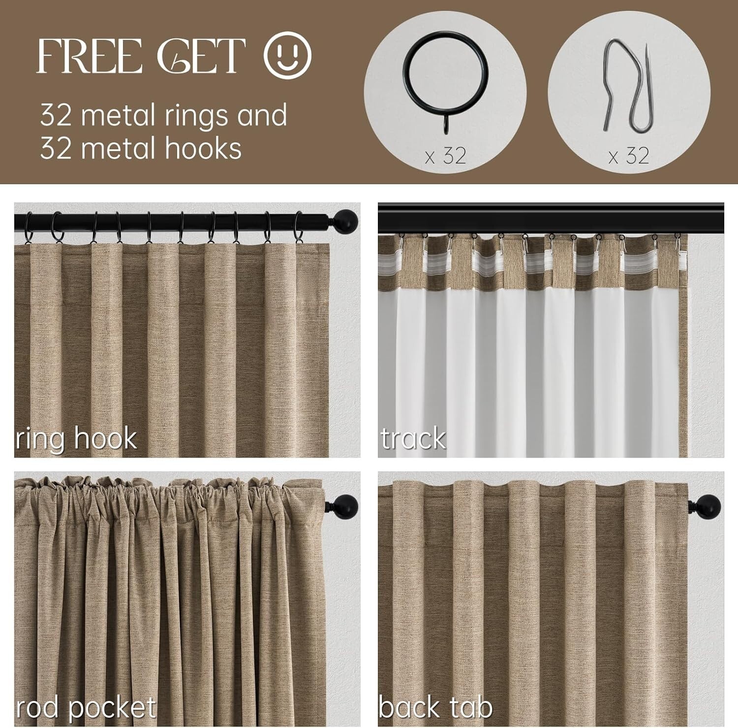Pair Topfinel Taupe Burlap Linen Blackout Curtains 52×84 Slub Beige Brown New J9