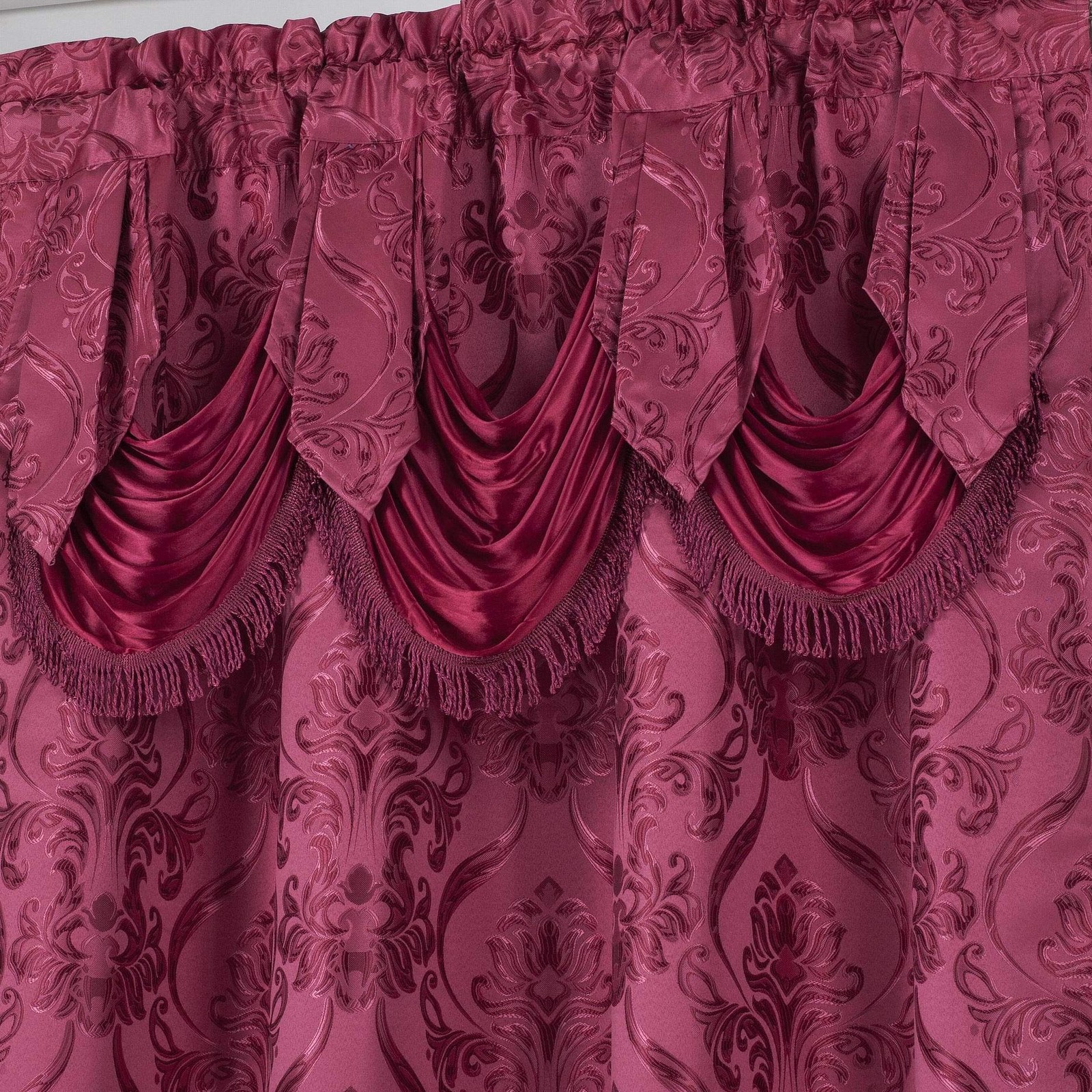 4Piece Burgundy Drape Set with Valance, Sheer, and 2 Tie Backs 84″