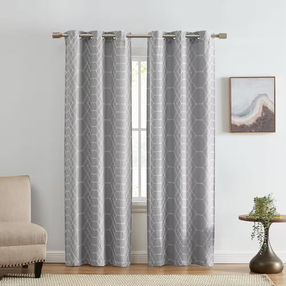 Kendal Gray Polyester Embroidered Geometric Print 37 In. W X 84 In. L Grommet To