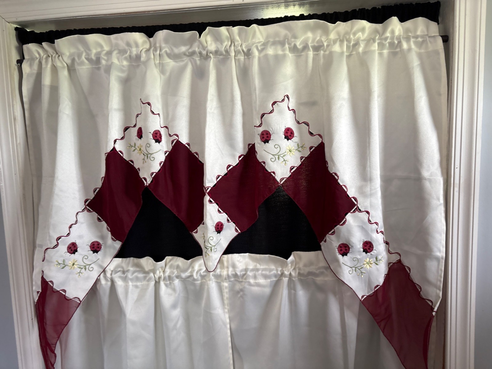 Ladybug Embroidered Cream Curtain Set 56″ Valance & 28″ Tier Panels