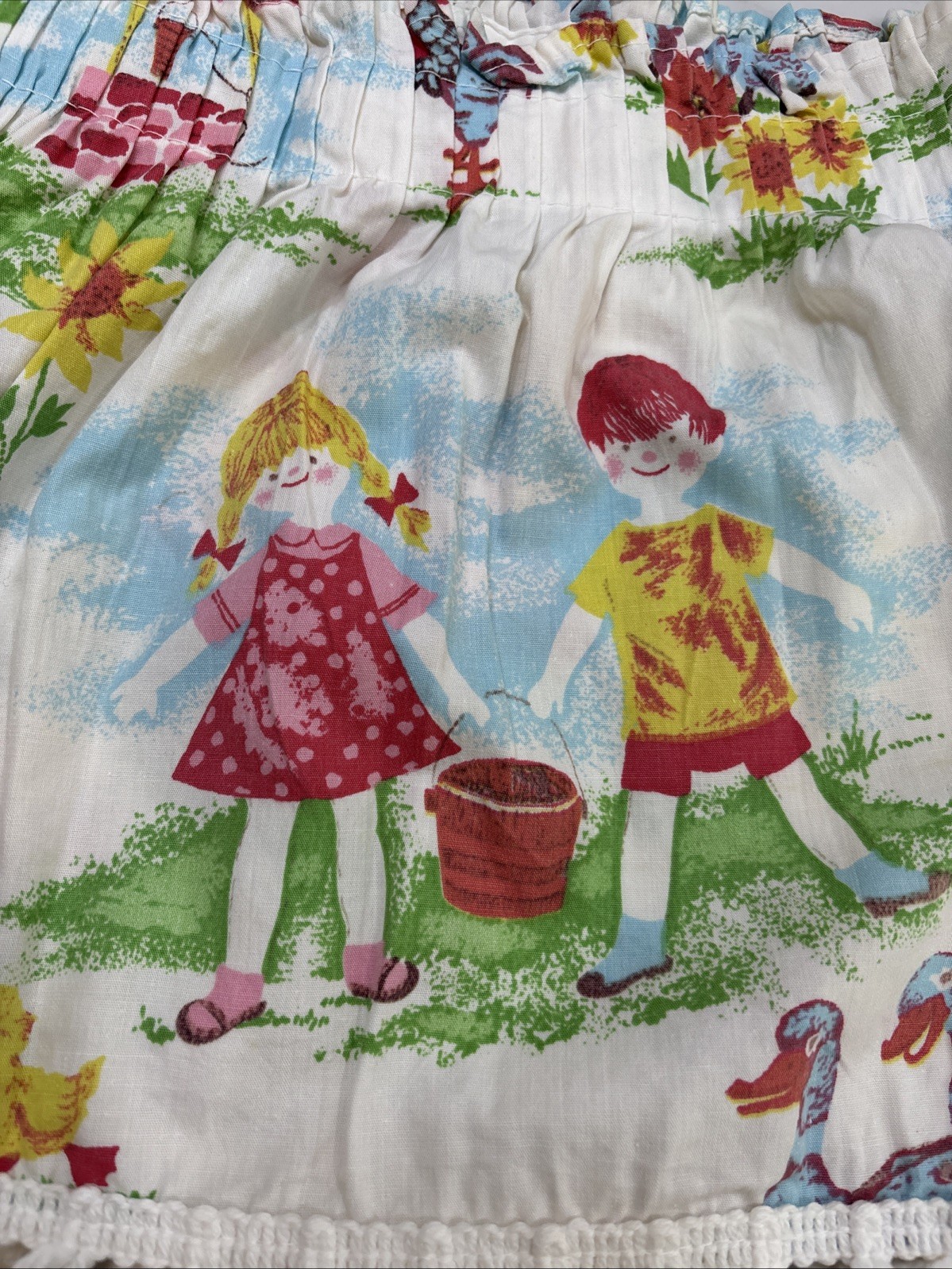 Vtg Kids Novelty Storybook Valance Lot 2 Handmade Rod Pocket Pom Pom Trim Retro