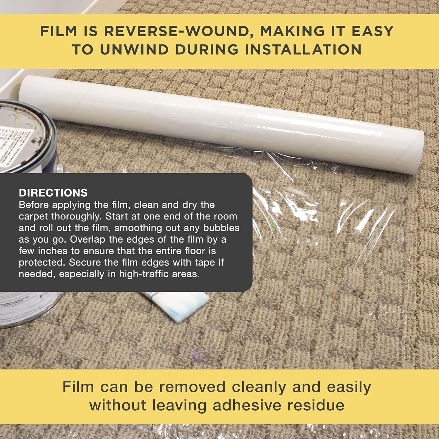 Carpet Protection Film 24-inch x 50-Foot Roll – Self-Adhesive Clear Cover