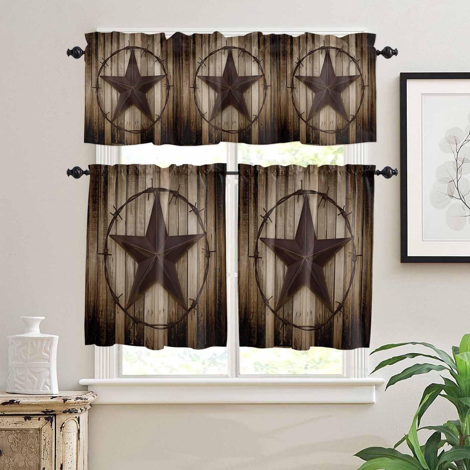 Western Kitchen Curtains and Country Valance Set, Texas Star Rustic Wooden Bo…