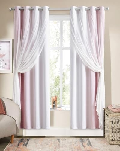 100% Blackout Curtains with Sheer Overlay, 72″ Double Layer Drapes, 2 Panels, Pi