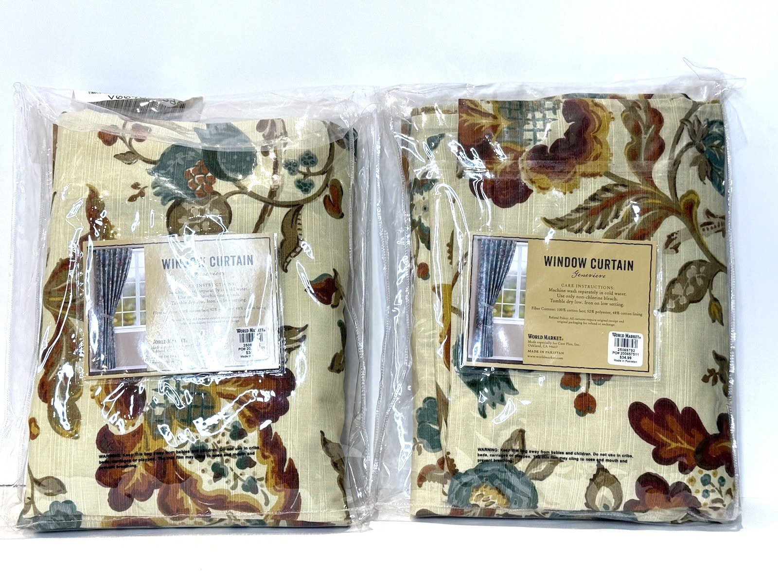 Set of 2 WORLD MARKET 48″x 84″ in Floral Panels Curtains Drapes Lined Cotton