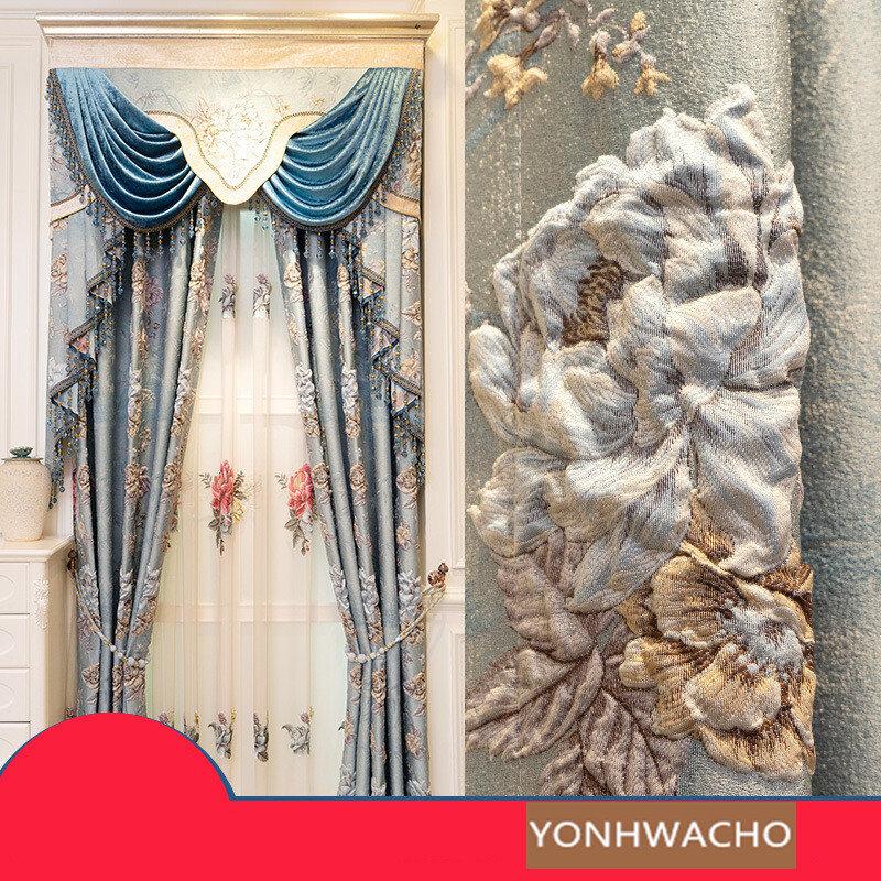 luxury European bedroom thick blue cloth blackout curtain valance drape C1601*