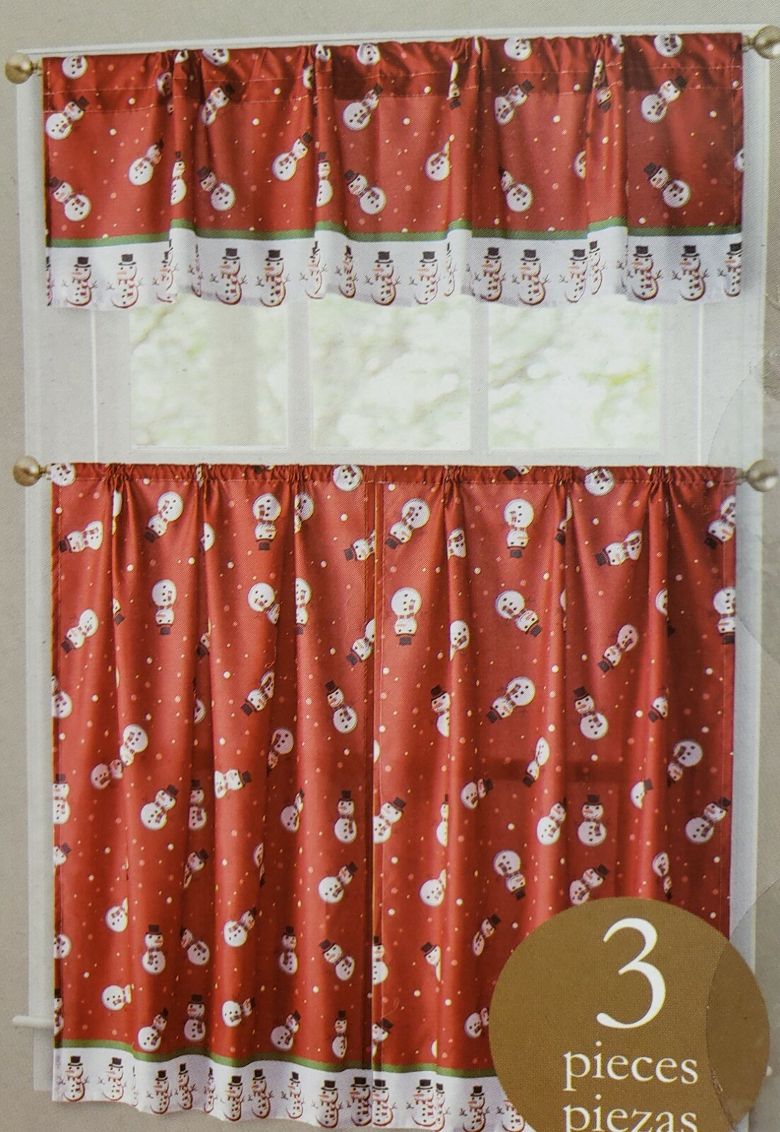 3pc Curtains Printed Set: 2 Tiers (28″)& Valance (56″x14″)SNOWMEN ON RED,Holiday