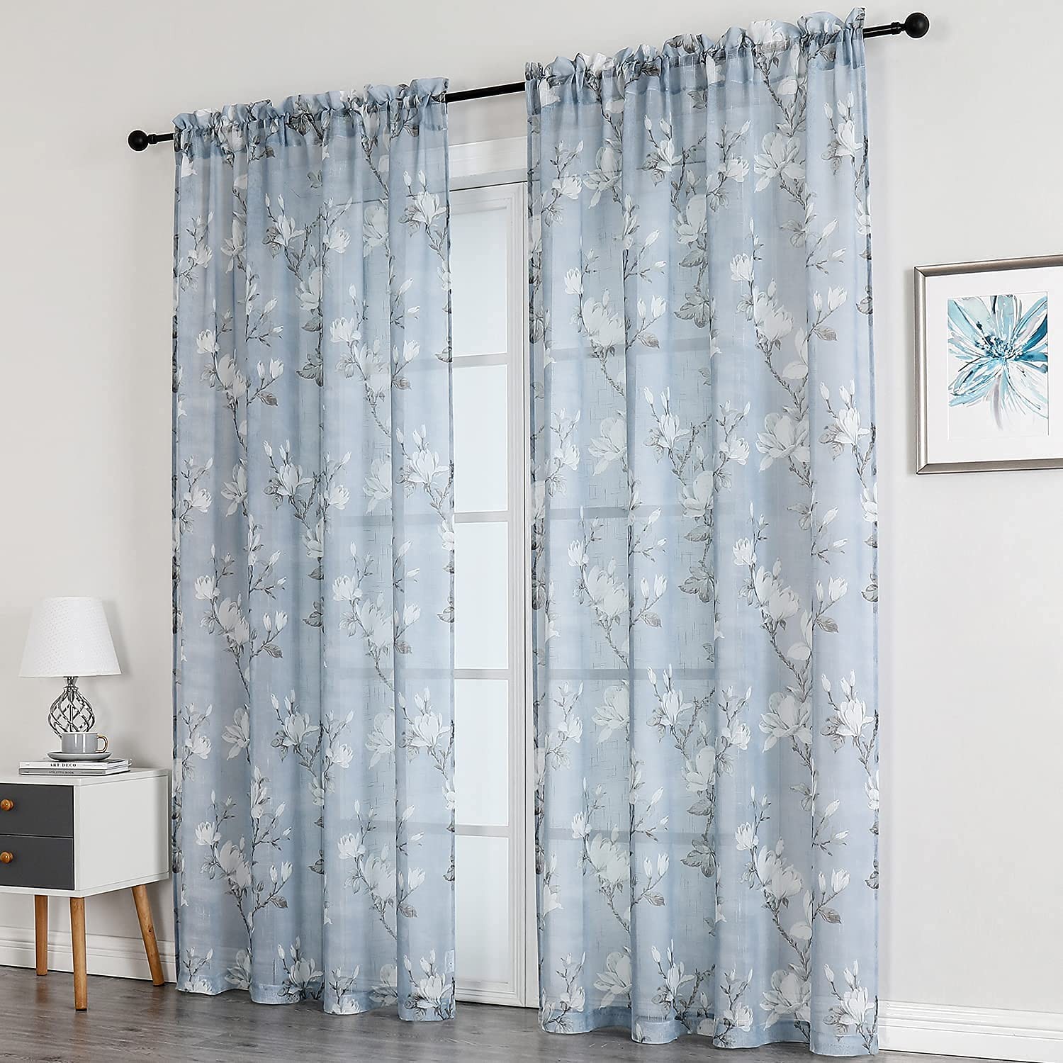 Blue Floral Semi Sheer Curtains 63 Inch 2 Panels