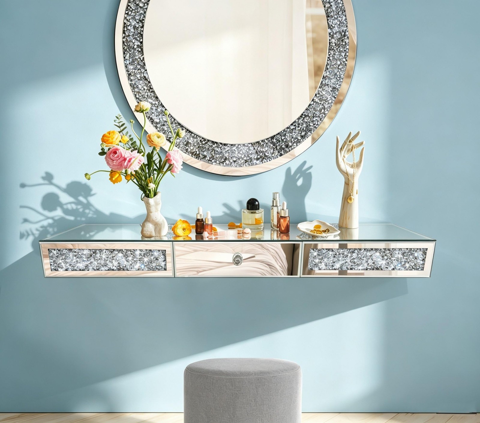 ST3000 Crystal Diamond Mirrored Wall Shelf with Drawer-31.5″ Silver Mirror Cr…